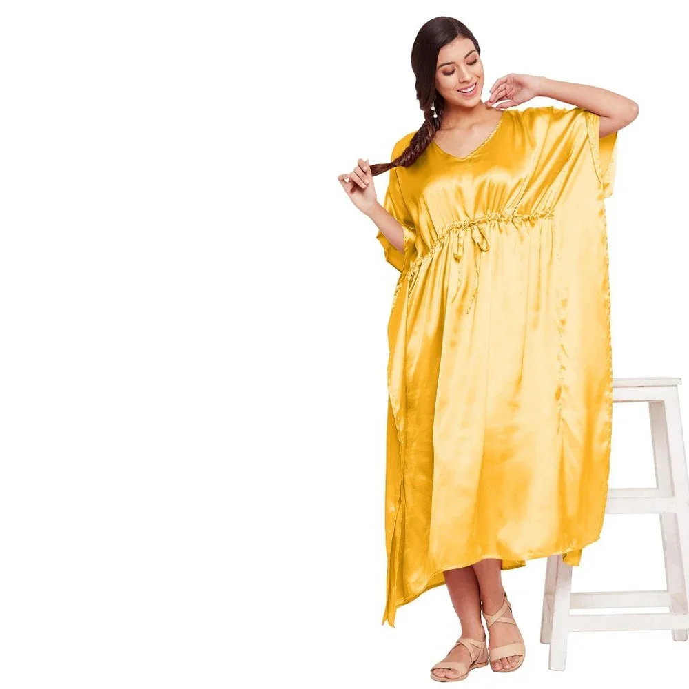 Women Plus Size Fit and Flare Yellow Kaftan Solid Maxi Dress by Gypsie Blu